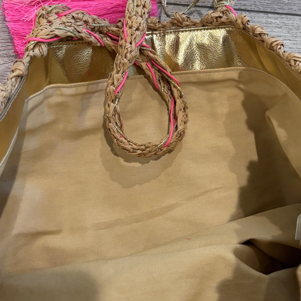 Lilly Pulitzer Natural Nosara Straw Tote Bag Womens Large Pink Tassel Beach Bag - Picture 4 of 9